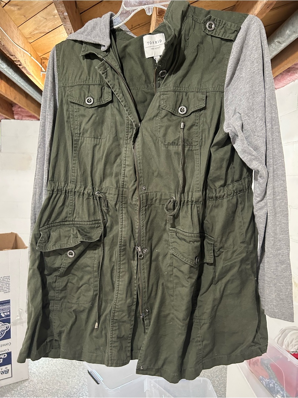 torrid Olive Utility Jacket with Gray Hooded Sleeves